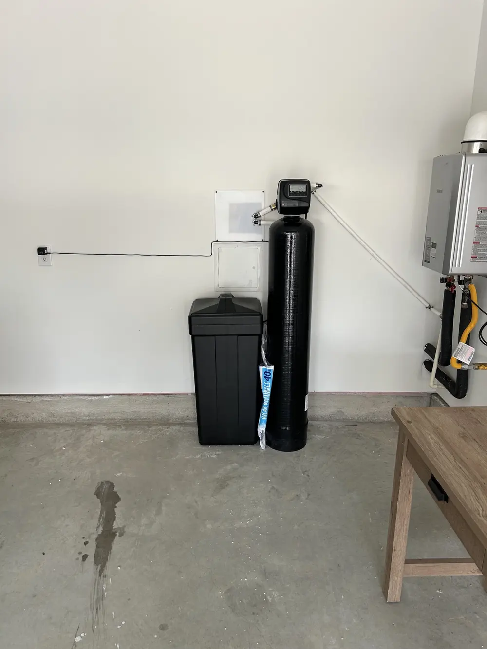 Garage softener install with bypass plumbing running to a tankless water heater